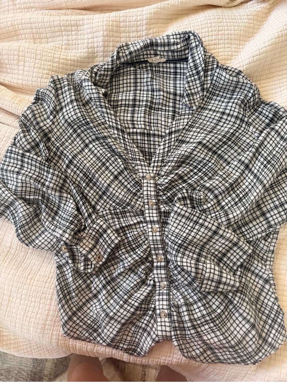 Anthropologie Black and White Plaid Ruched Button-Front Blouse